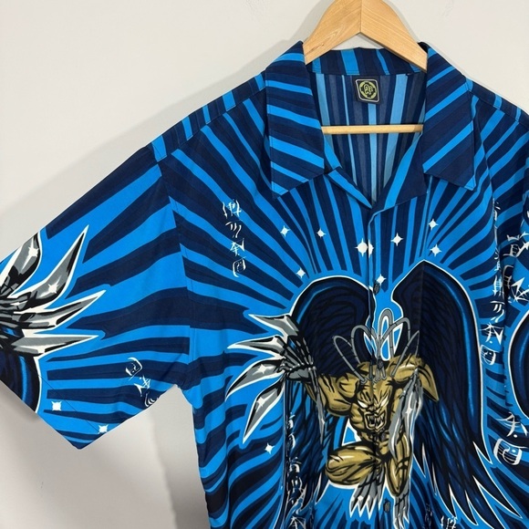 R2 Randy River Y2K Graphic Shirt XL Demon Angel Anime Vibe Button Up Blue NWOT - Picture 2 of 9